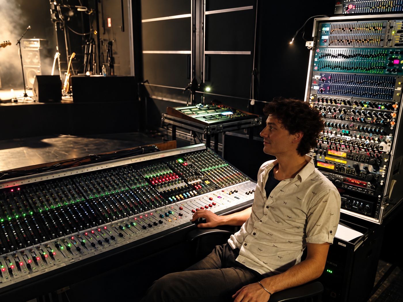 Sound engineer at a live mixing desk beside the stage