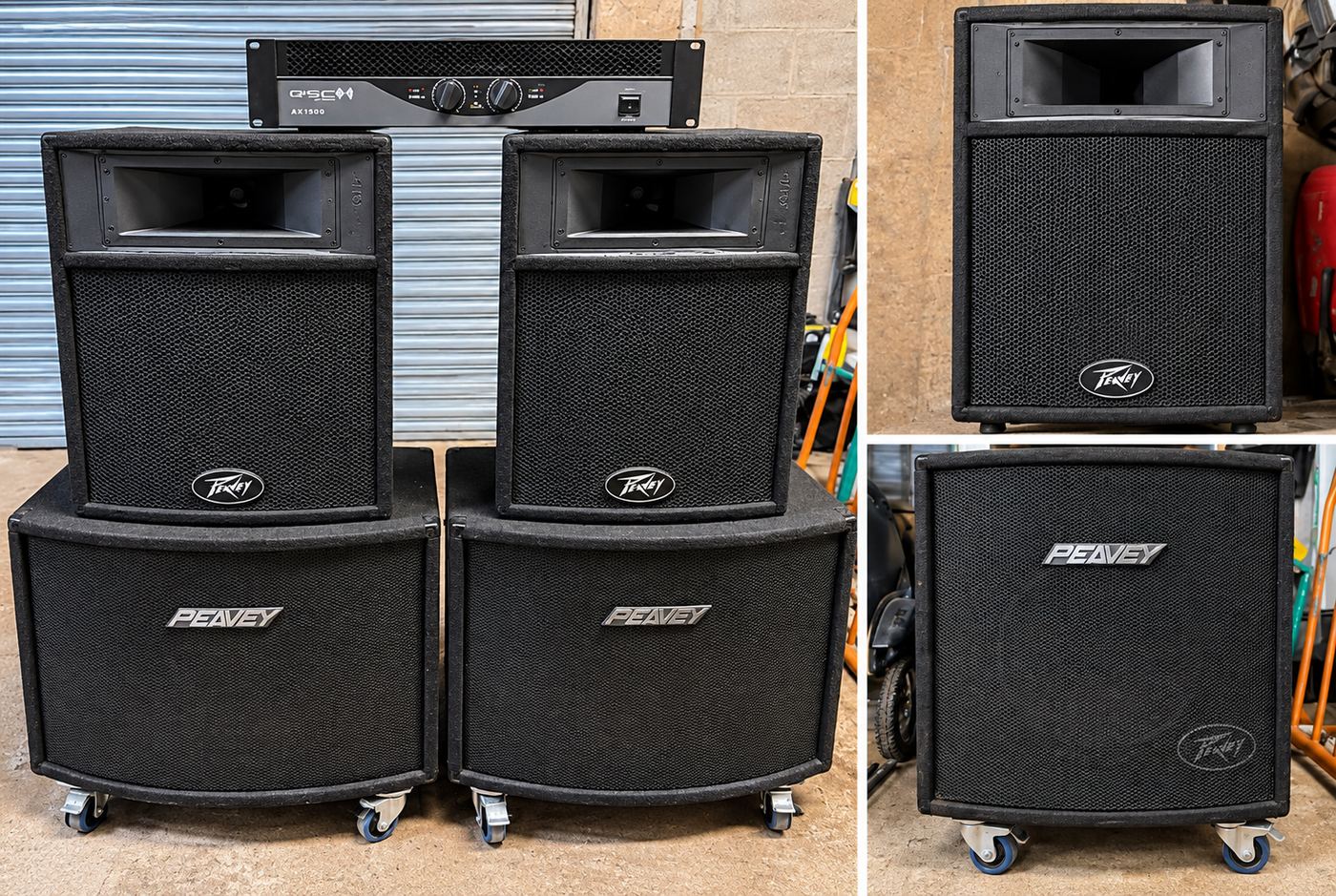 Peavey PA speakers and amplifier ready to be loaded for an event